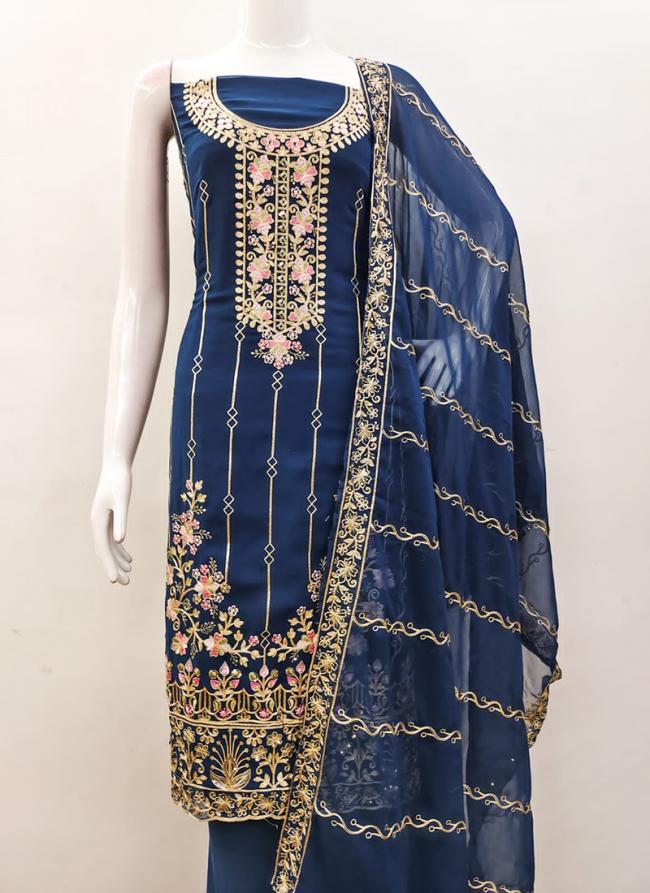 Georgette Blue Traditional Wear Embroidery Work Dress Material